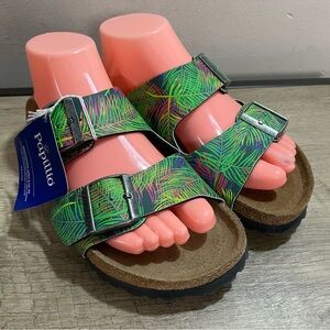NWT Birkenstock Green and Pink Leaf Tropical Print Sandals, Size 37.